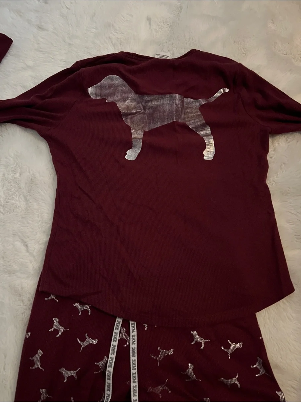 PINK Victoria's Secret Burgundy Kids' Pajama Set with Dog Motif